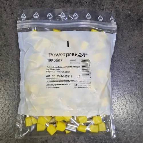 Produktbild Stück 2x 6 mm² TWIN-Aderendhülsen isoliert gelb von powerpreis24de 100