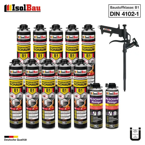 Brandschutzschaum B1 10x750ml mit Montageschaum-Pistole und Reinigern - Hochwertiger Brandschutzschaum B1 in praktischer 10er-Packung. Ideal für Abdichtungen und Isolierungen. Hohe Ausbeute und geprüfte Qualität für Innen- und Außenbereiche.