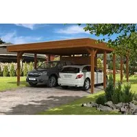 Doppelcarport SKAN HOLZ Friesland mit Abstellraum - Geräumiger Doppelcarport mit Flachdach (557x708 cm) in edlem Nussbaum, ideal zum Schutz Ihrer Fahrzeuge und für zusätzlichen Stauraum im Garten.
