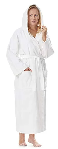 Damen-Bademantel mit Kapuze, Baumwolle, XL-XXL, Weiß - Eleganter knöchellanger Bademantel aus 100% Baumwolle, ideal für Spa und Zuhause. Mit Kapuze, zwei Taschen und hochwertigem Frottee für höchsten Komfort.