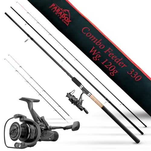 Paradox Fishing Feederrute 3,3m mit 3000 Rolle - Hochwertige Feederrute mit 3,3m Länge und 90-120g Wurfgewicht. Ideal für das gezielte Angeln auf Friedfische, dank der sichtbaren Spitzenfarben für optimale Bissanzeige. Inklusive Runner 3000 Rolle für präzises Werfen.