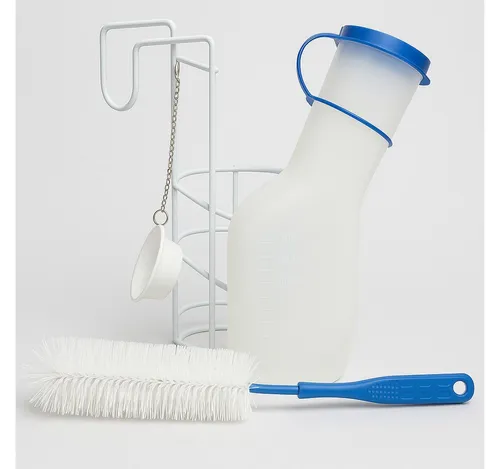 DocMed Urin-Flasche Urinflaschen-Set aus Urinflasche + Halter + Reinigungsbürste (praktischen Pflegepaket, 3 St., Mobile Urinlösung), Wiederverwendbar, langlebig und platzsparend verstaubar
