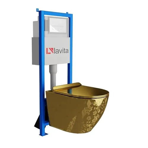 Lavita LAV 101 Vorwandelement für WC 40cm + Wand Hänge Tiefspül WC SOFI SLIM GOLDEN EYE Spülrandlos + Bedienplatte LAV 200.3.1 Weiß | Komplettset | Unterputz Spülkasten | Toilette Komplett Sett