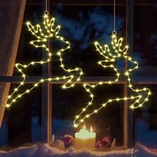 Therlan Beleuchtet Rentier Weihnachtsdeko Lichterketten, 2 Stück 80 LEDs Batteriebetrieben Weihnachtsbeleuchtung Fensterdeko mit Timer 8 Modi, Weihnachten Lichter Deko für Fenster Balkon, Warmweißen
