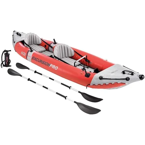 Intex Aufblasbarer Kajak Excursion Pro K2, 68309 - Schlauchboot für 2 Personen, ideal zum Paddeln und Angeln. Robuste SuperTough-Laminat-Konstruktion, abnehmbare Sitze und praktisches Zubehör für Komfort und Vielseitigkeit.