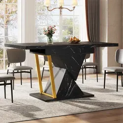 Ausziehbarer Esstisch für 6 Personen – Holz, Schwarz, 110-140 cm - Stylischer Esstisch für bis zu 6 Personen, ausziehbar von 110 cm auf 140 cm. Ideal für Küche und Wohnzimmer, mit robuster MDF-Tischplatte in Marmoroptik und platzsparendem Stauraum für Verlängerungsplatten.