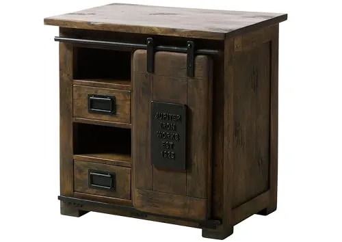 Massivmoebel24 Kommode RAILWAY - Braun lackierte Schubladenkommode aus Mangoholz - Schubladenkommoden der RAILWAY Serie, aus massivem Mangoholz mit einzigartiger Maserung, bietet viel Stauraum und setzt mit Schiebetür und dunklen Eisendetails stylische Akzente im Industrial-Style.