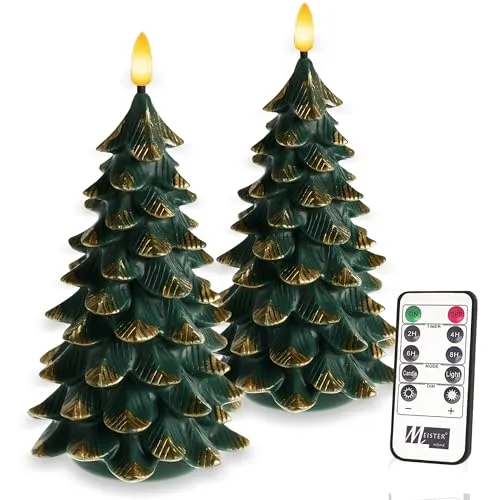 Meisterhome® LED-Kerzen Weihnachtsbaum Tannenbaum 2er-Set – Flammenlose Deko-Kerzen aus Echtwachs – 12x12x19 cm