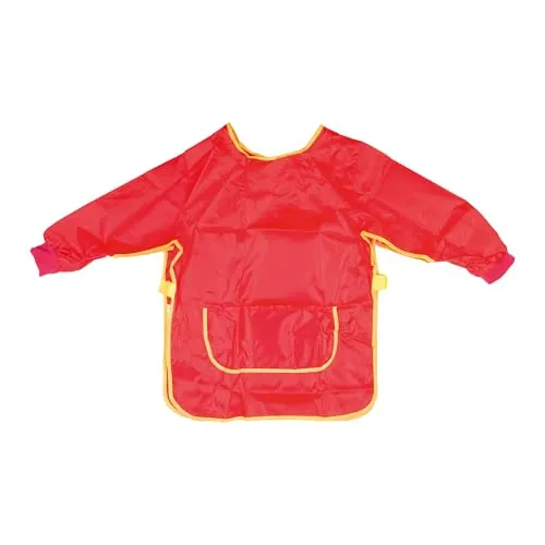 Idena - Bastelschürze für Kinder, Größe M von 7-8 Jahren, Malkittel mit in Rot langen Ärmeln, wasserabweisend, Kinderschürze mit Gummibund und Klettverschluss