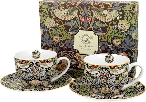 Duo-Gift Tasse Set mit Untertassen - Tieren / Vogel / Blumen - Planzen Kollektion, Porzellan 2 Tassen ca. 250 ml mit Untertasse : Durchmesser 15,3 cm - inspiriert von William Morris-Erdbeerdieb BLAU / Vogel / Erdebeeren Kollektion, Kaffee - Tee Tasse / Ideal als Geschenk / Sammlung