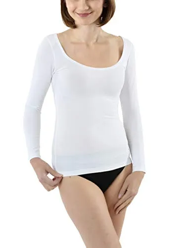 ALBERT KREUZ Damen Langarm Unterhemd mit tiefem weiten Ausschnitt Stretch-Baumwolle weiß Größe XS (34-36)