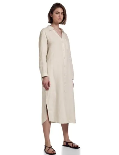 Street One Studio Damen F144334 Midi-Kleid aus Leinen, Moonstone Sand, 38 - Freizeitkleid aus Leinen mit langem Arm, durchgehender Knopfleiste und praktischen Seitentaschen – perfekt für entspannte Tage!