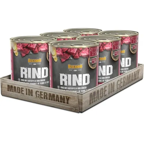 BELCANDO Super Premium Dose Rind mit Kartoffel & Erbsen 6x800g - Hundefutter - Hochwertiges Nassfutter mit stückigem Fleisch und wertvollem Distelöl für gesunde Fettsäuren, ideal für alle Rassen und in 6 köstlichen Sorten erhältlich.