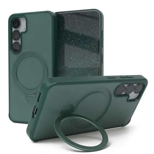 EAZY CASE - Qi Charging Handyhülle für Galaxy S25 kompatibel mit Qi Charging Hülle mit Ständer kompatibel mit Galaxy S25 Hülle mit 360° Ring & Magnetfunktion zum Aufstellen stoßfest Cover Nacht Grün