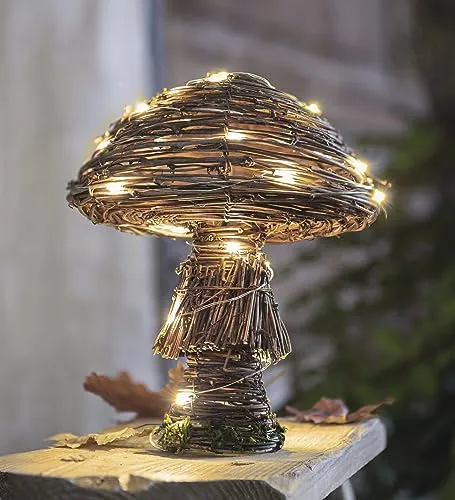 Dekoleidenschaft LED Dekofigur Pilz Rustic aus Weide, integrierte Lichterkette mit 30 warm-weiß LEDs, 23 cm hoch, Herbstdeko, Leuchtdeko