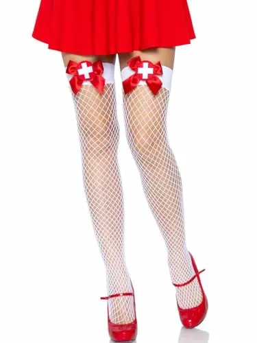 Leg Avenue 9511 - Krankenschwester Netz Halterlose Strümpfe, Einheitsgröße, weiß, Dessous Damen Reizwäsche