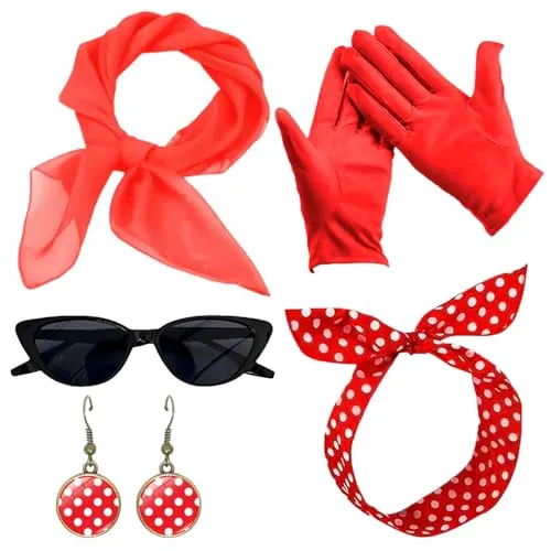 50er Jahre Accessoires Damen, 5 Stück 1950s Kostüm Damen Zubehör, mit Chiffon Schal, Katzen Auge Brille, Polka Dots Stirnband Ohrstecker,Handschuh, Bandana Krawatte,für Retro Accessoires,Karneval