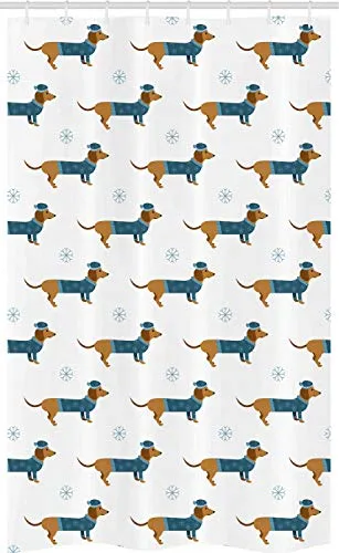 ABAKUHAUS Dackel Schmaler Duschvorhang, Hund in Pullover Snowflake, Badezimmer Deko Set aus Stoff mit Haken, 120 x 180 cm, Ginger dunklen Türkis