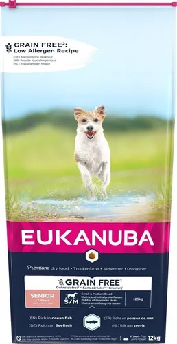 Eukanuba Hundefutter getreidefrei mit Fisch - Trockenfutter für kleine und mittelgroße Rassen, 12 kg, ideal für Senior Hunde ab 7 Jahren mit Glucosamin und DentaDefense-System