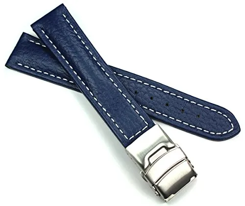 Sulla 20mm Genuine Leder Uhrenarmband Edelstahl Faltschließe Mittelblau weiße Naht