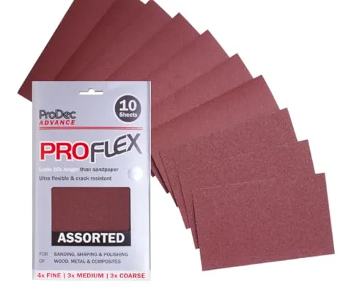 ProDec Advance Proflex Schleifpapier aus Aluminiumoxid, besonders flexibel, rissfest, Aluminiumoxid, zum Schleifen von Holz, Farbe, Gips, Füllstoff, Metall und mehr, 230 x 140 mm, 10 Blatt