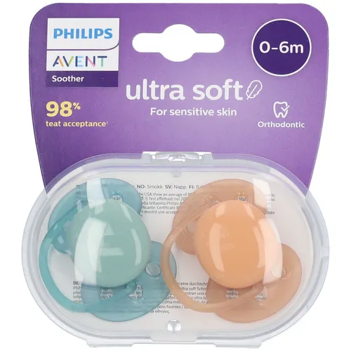 Philips AVENT Ultra Soft Schnuller, 2er-Pack – BPA-freier Schnuller für Babys von 0 bis 6 Monaten, grün/orange pastell (Modell SCF091/03)