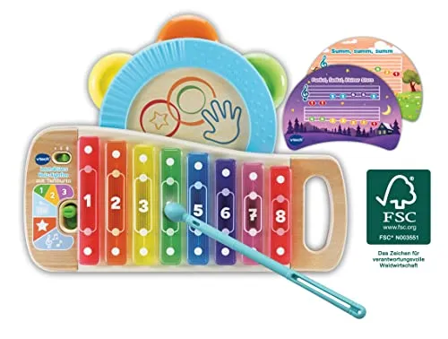 VTech 615604 - Interaktives Holz-Xylofon mit Tamburin, 4 Spielmodi für Farben und Zahlen, fördert Feinmotorik und musikalisches Verständnis