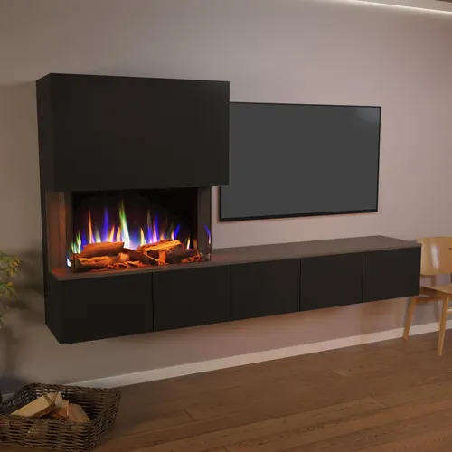 Glow Fire Wochnwand mit Elektrokamin 'CW5 + Deluxeholz' | Moderner LED Wandkamin in Schwarz/Wenge mit Heizfunktion - Stylisches Sideboard mit integriertem LED-Elektrokamin E-Motion: Geräuschloses Flammenspiel mit individueller Dekoration. Flexibel einsetzbar als Wandmontage oder Standmodell. Heizlüfter mit zwei Stufen für wohlige Wärme.