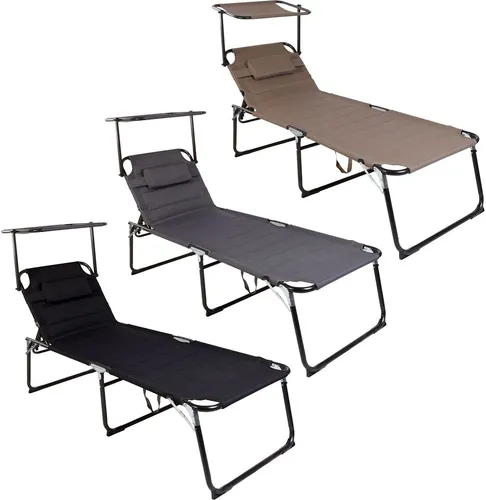 Linder Exclusiv Klappbare Gartenliege XXL mit Baldachin Schwarz - Gartenliege XXL mit 4-fach verstellbarer Rückenlehne und Sonnendach, perfekt für entspannte Stunden im Garten oder beim Camping. Wetterbeständig und leicht verstaut, bis 150 kg belastbar.