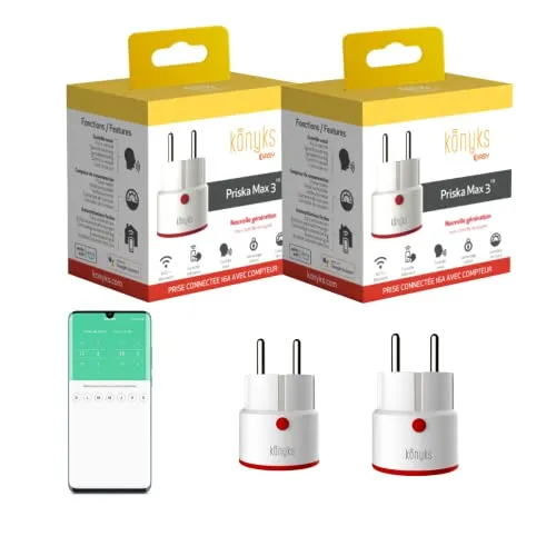 Konyks Priska Max 3 FR Steckdose - WiFi + BT, Erweiterte Funktionen V3, 16A, Verbrauchsmesser, Alexa und Google Home kompatibel & Tuya, 2 Stück
