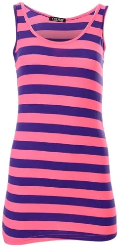 Easy Young Fashion - Damen Basic Trägertop - ärmelloses Longtop Extra Lang - Skinny Fit 9002 - OneSize (Lila-Pink gestreift)