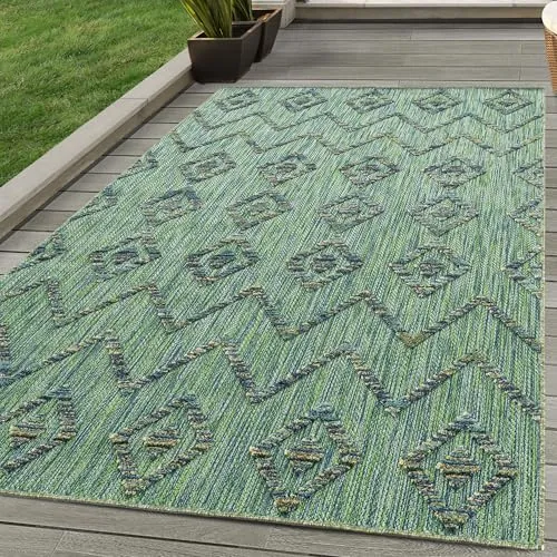 SIMPEX Outdoor Teppich, Boho-Design, Teppich Grün, 80 x 250 cm, Teppich Boho-Stil, Küche, Balkon, Terrasse, Garten, Picknick