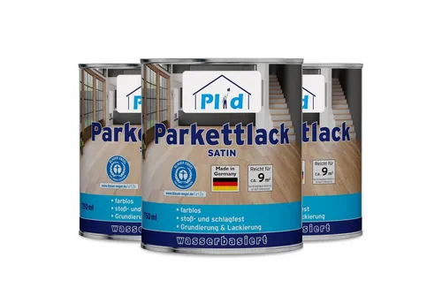 Parkettlack 2,25L Farblos Satin - Schnelltrocknender Klarlack - Lacke für Holz mit einer Abdeckung von ca. 27m². Ideal für schnelle Renovierungen, da schnelltrocknend und seidenmatt. Perfekt für langlebigen Schutz und ansprechende Optik.