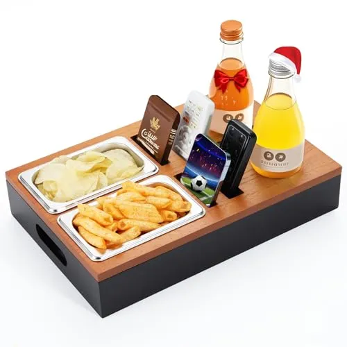 Kssiaz Holz Couchbar, Sofatablett Couch Butler mit 2 Edelstahl-Snackschalen und Getränkehalter, Sofa Organizer Snackbox für Wohnzimmer Sofa Restaurant Picknick Party
