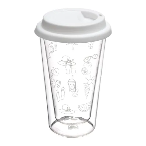 GRÄWE Thermoglas, Thermobecher, Trinkglas aus Borosilikat-Glas, Doppelwandiger Becher, 300 ml, spülmaschinengeeignet, für Heiß und Kalt, mit To-Go-Deckel, Weiß