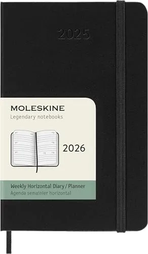Moleskine Wochenplaner, Horizontale Wochenagenda 2026 12 Monate, Mit Festem Einband und Elastischem Verschluss, Pocket-Format 9x14, Farbe Schwarz