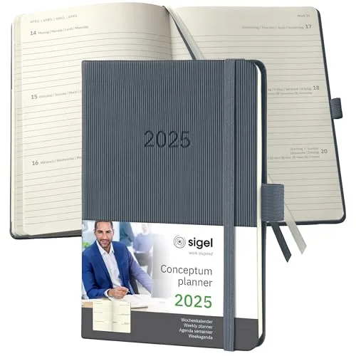 SIGEL C2567 Wochenplaner Wochenkalender 2025, ca. A6, dunkelgrau, Hardcover, 176 Seiten, Gummiband, Stiftschlaufe, Archivtasche, aus nachhaltigem Papier, Conceptum