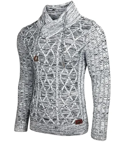 Baxboy Herren Grobstrick Pullover Strickpullover Stehkragen Winter-Freizeit-Jacke Muster Design Meliert Sweatshirt Pulli B-292, Farbe:Weiß, Größe:M
