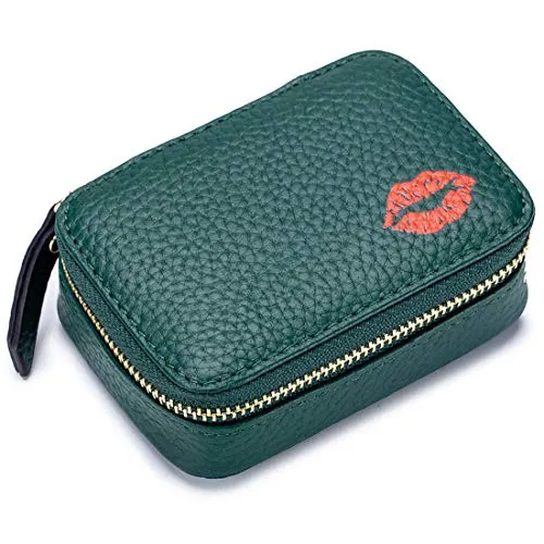 Aileder Mini-Lippenstift-Etui mit Spiegel, echtes Leder, kleine Reise-Make-up-Kosmetiktasche, Aufbewahrungstasche für Frauen und Mädchen, Dunkelgrün