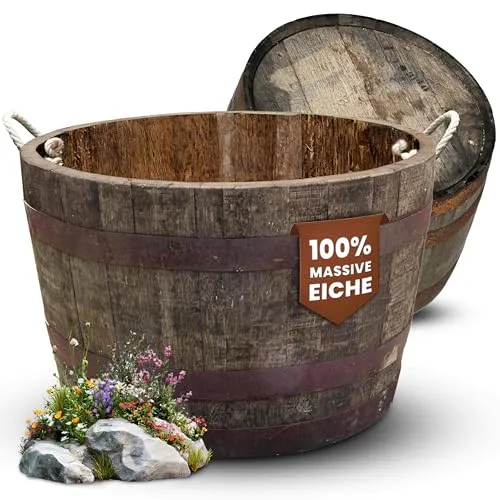 Temesso Halbes Fass aus original schottischen Whiskyfass - Halbes schottisches Whiskyfass aus massiver Eiche, ideal als Pflanzgefäß. Mit einem Durchmesser von 65 cm und einer Höhe von 40 cm, bietet es eine stilvolle und wetterfeste Lösung für Ihren Garten oder Balkon.