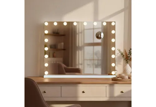 CLP Schminkspiegel Norlina mit Beleuchtung 80x60 cm - Stylischer Kosmetikspiegel im Hollywood-Design mit 20 dimmbaren LED-Lampen für schattenfreies Licht. Ideal für präzise Make-up-Anwendungen und flexible Montage als Wand- oder Tischspiegel. Inklusive USB-Anschlüssen zum bequemen Laden.