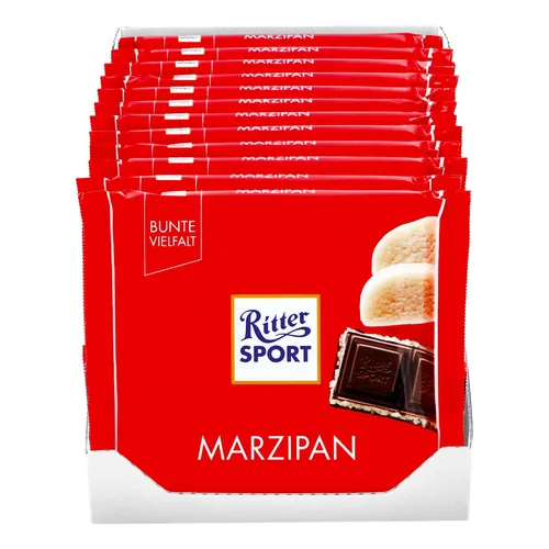 Ritter Sport Marzipan - Schokoladenriegel mit dunkler Halbbitterschokolade und edlem Marzipan aus kalifornischen Mandeln – perfekt für besondere Anlässe und Genussmomente.