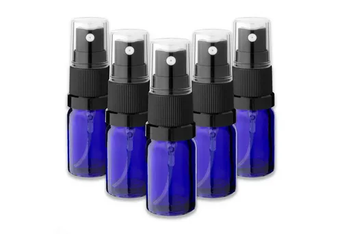 CK Verpackung GmbH Zerstäuberflasche 5x Blaue Glasflasche 5 ml mit schwarzem Zerstäuber Sprükopf Pumpspray