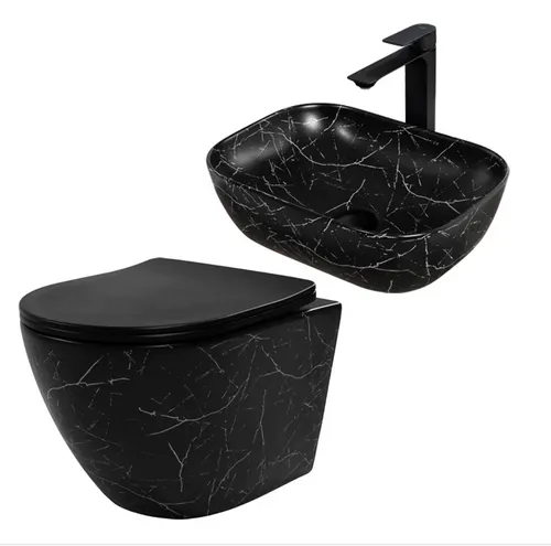 Hängende WC + Aufsatzwaschbecken Toilettenschüssel Waschbecken Marmor Schwarz