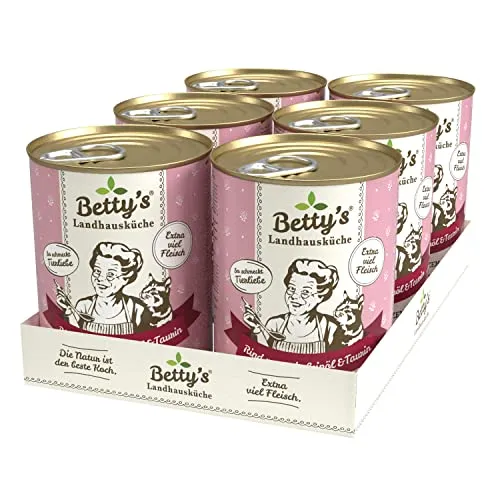 Betty's Landhausküche Dose Nassfutter Katze, getreidefrei, beste Qualität, hochwertiges Fleisch, schonend gegart, für alle Katzenrassen geeignet, Rind pur mit Leinöl 6 x 400 g