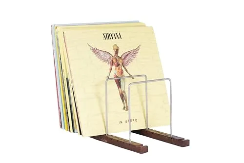 Decibelvibe Schallplattenaufbewahrung und Plattenspielerständer, jetzt spielendes Display mit Edelstahl und massivem Walnussholz, Premium-Design, bis zu 75 Schallplatten