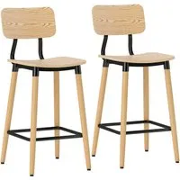 HOMCOM Barhocker 2er Set mit Rückenlehne - Elegante Barhocker mit Holzmaserung und stabilem Stahlrahmen, ideal für Küche oder Esszimmer. Die integrierten Fußstützen sorgen für hohen Sitzkomfort und das platzsparende Design ermöglicht einfaches Verstauen.