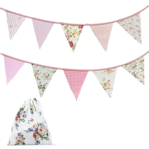 6.9 m Stoff-Wimpelkette, Banner, 24 Stück, Vintage-Wimpelkette, Wimpelflaggen, wiederverwendbare Baumwolle, Dreieck, Flagge, Girlande für Hochzeit, Geburtstag, Party, Gartendekoration, Rosa
