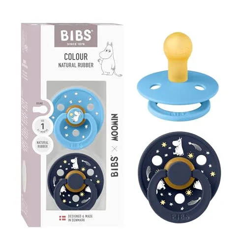 Moomin x BIBS Colour Schnuller, 0-6 Monate, 2er-Pack, Breeze/Deep Space | Runder Sauger | Naturkautschuklatex | Größe 1 | BPA-frei | Hergestellt in Dänemark | Hohe Akzeptanz | Luftlöcher