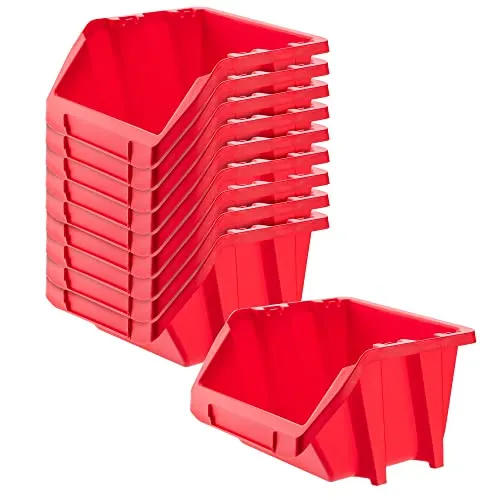 KADAX Werkstatt-Stapelkiste, kleine Sortierbox aus PP Kunststoff, Sichtlagerbox in verschiedenen Größen und Farben, Lagerboxen für Werkzeugswand (Rot, 10er Set - 118x98mm)